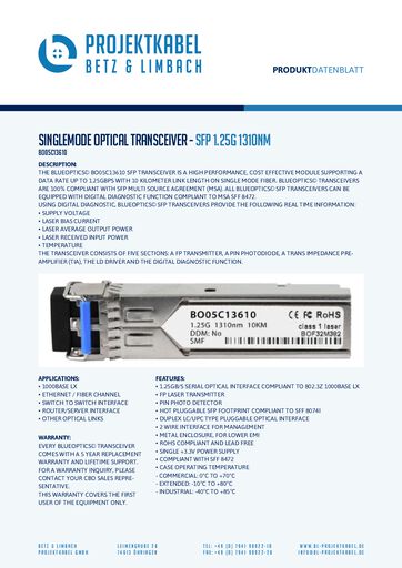 thumbnail of BO05C13610 – Singlemode Optical Transceiver – SFP 1.25G 1310nm