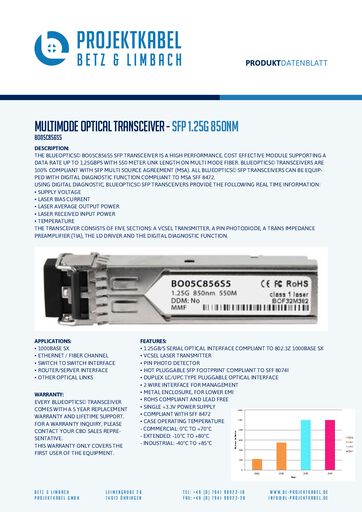 thumbnail of BO05C856S5 – Multimode Optical Transceiver – SFP 1.25G 850nm