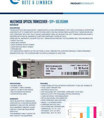 thumbnail of BO35J856S3D – Multimode Optical Transceiver – SFP+ 10G 850nm