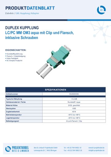 thumbnail of Duplex Kupplung MM OM3 LCPC aqua mit Clip und Flansch 5528000006