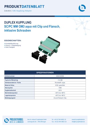 thumbnail of Duplex Kupplung MM OM3 SCPC Duplex aqua mit Clip und Flansch 5504120006