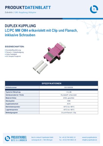 thumbnail of Duplex Kupplung MM OM4 LCPC erikaviolett mit Clip und Flansch 5531000006