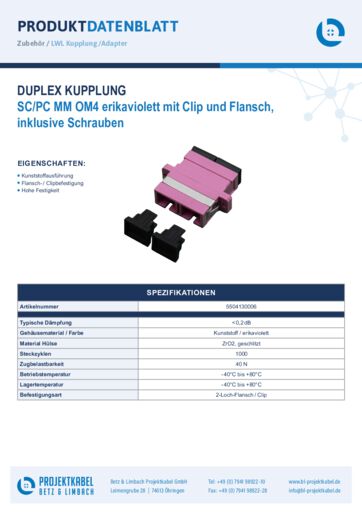 thumbnail of Duplex Kupplung MM OM4 SCPC Duplex erikaviolett mit Clip und Flansch 5504130006