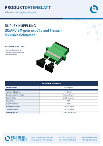thumbnail of Duplex Kupplung SM SCAPC grün mit Clip und Flansch 5511300006