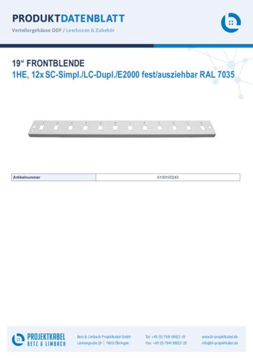thumbnail of Frontblende 1HE RAL7035 12xSC Simplex, LC Duplex, E2000 6100100240