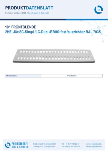 thumbnail of Frontblende 2HE RAL7035 48xSC Simplex, LC Duplex, E2000 6100100248