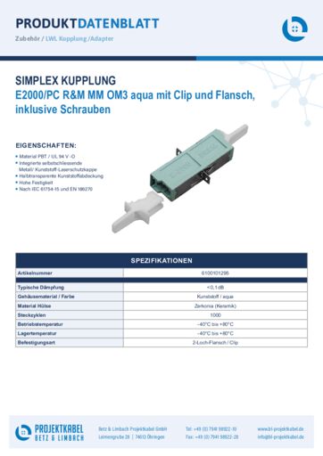 thumbnail of Simplex Kupplung MM OM3 E2000PC R&M aqua mit Clip und Flansch 6100101295