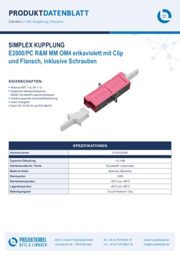 thumbnail of Simplex Kupplung MM OM4 E2000PC R&M erikaviolett mit Clip und Flansch 6100102295