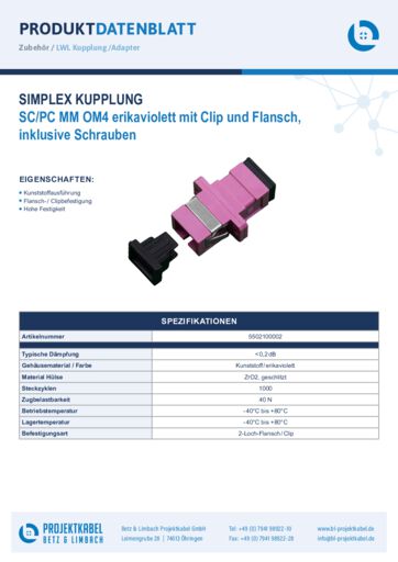 thumbnail of Simplex Kupplung MM OM4 SCPC erikaviolett mit Clip und Flansch 5502100002