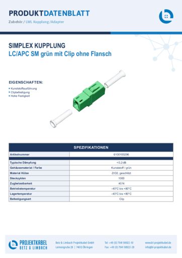 thumbnail of Simplex Kupplung SM LCAPC grün mit Clip ohne Flansch 6100100296