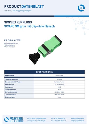 thumbnail of Simplex Kupplung SM SCAPC grün mit Clip ohne Flansch 5524100006